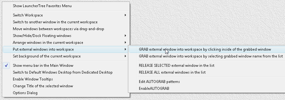 Fig.36. Popup menu of the main window, Submenu "Put external windows into workspace"
